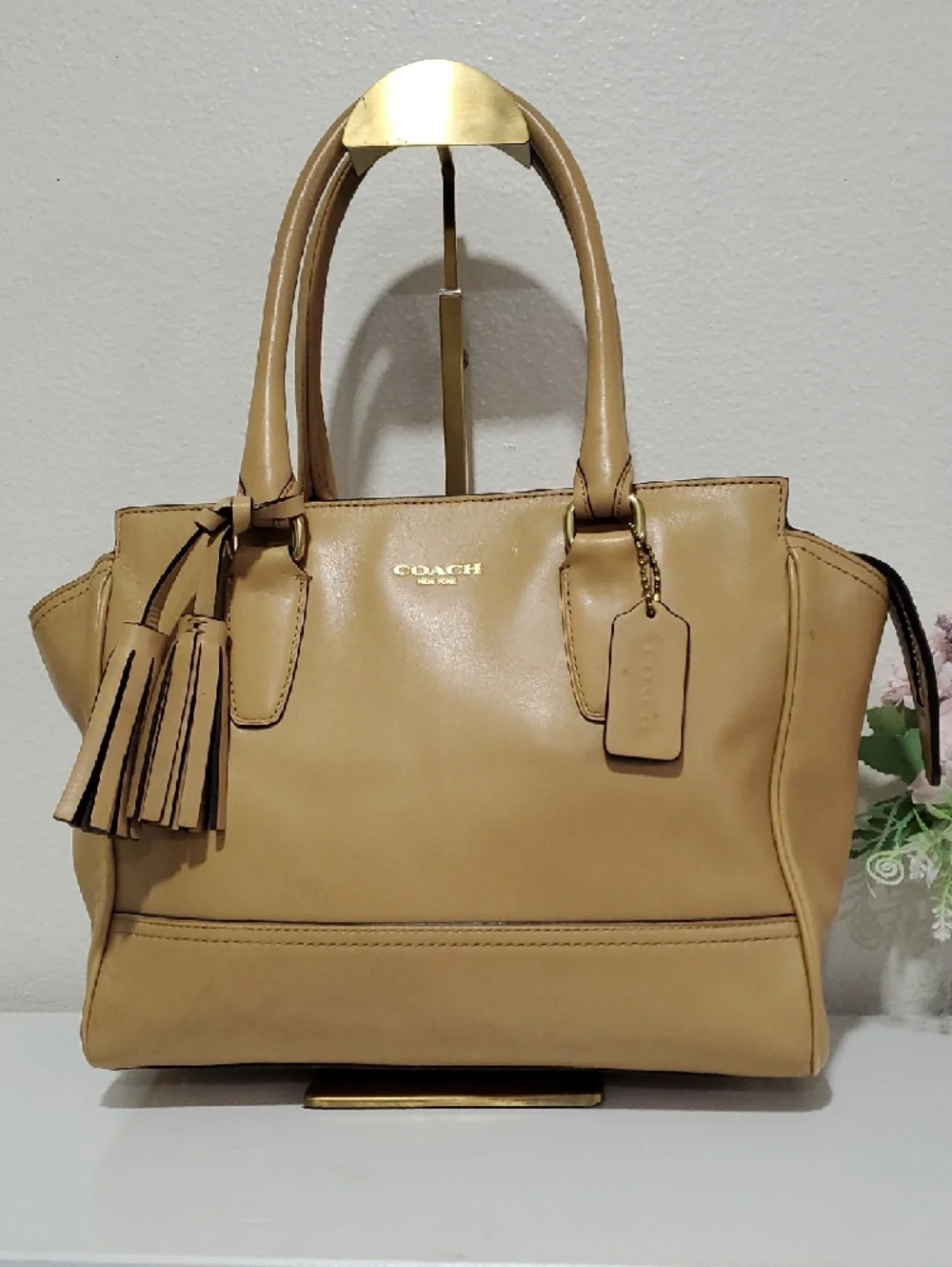 Coach Tan Leather Tote with Tassel Charm